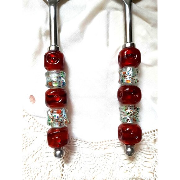 Pampered Chef Large 12" Square Glass Beaded Handled Serving Utensil Set - Picture 2 of 4